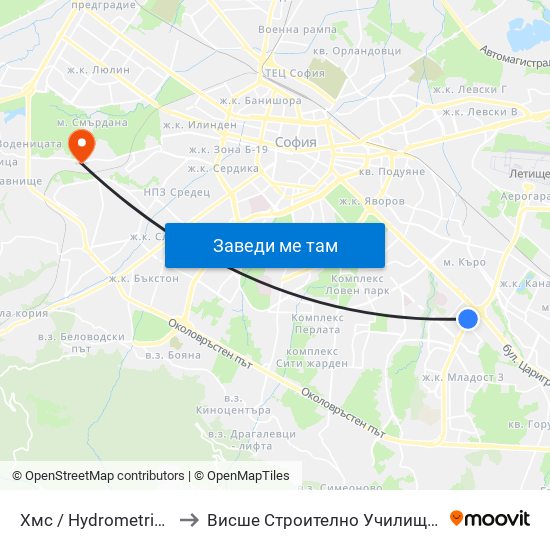 Хмс / Hydrometric Station (2318) to Висше Строително Училище ""Любен Каравелов"" map