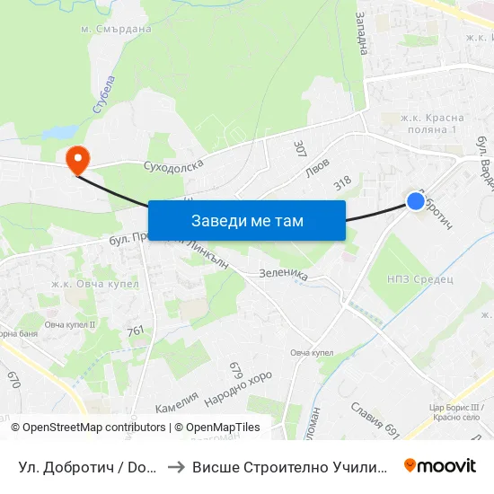 Ул. Добротич / Dobrotich St. (1934) to Висше Строително Училище ""Любен Каравелов"" map