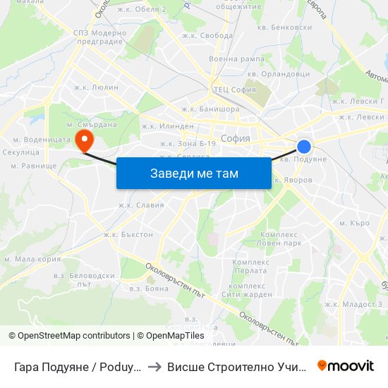 Гара Подуяне / Poduyane Train Station (0473) to Висше Строително Училище ""Любен Каравелов"" map
