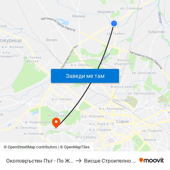 Околовръстен Път - По Желание / Ring Road - on Demand (1185) to Висше Строително Училище ""Любен Каравелов"" map