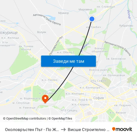 👋 Околовръстен Път / Ring Road (1185) to Висше Строително Училище ""Любен Каравелов"" map