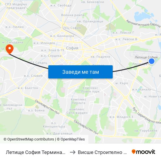 Летище София Терминал 2 / Sofia Airport Terminal 2 (2454) ✈ to Висше Строително Училище ""Любен Каравелов"" map