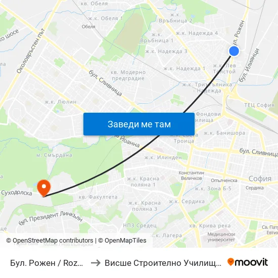 Бул. Рожен / Rozhen Blvd. (0547) to Висше Строително Училище ""Любен Каравелов"" map
