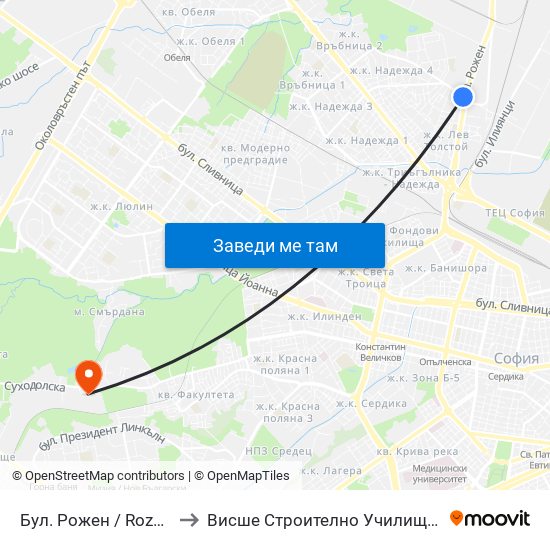 Бул. Рожен / Rozhen Blvd. (2575) to Висше Строително Училище ""Любен Каравелов"" map