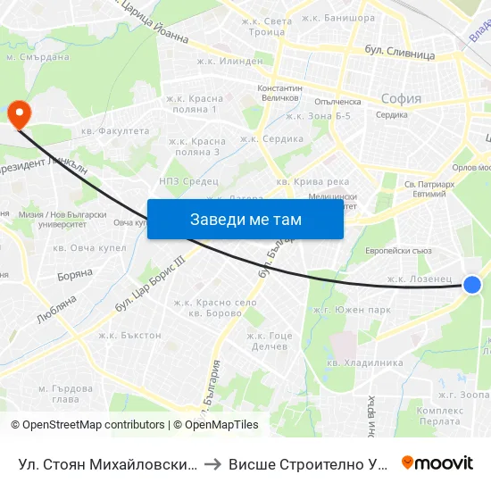 Ул. Стоян Михайловски / Stoyan Mihaylovski St. (2190) to Висше Строително Училище ""Любен Каравелов"" map