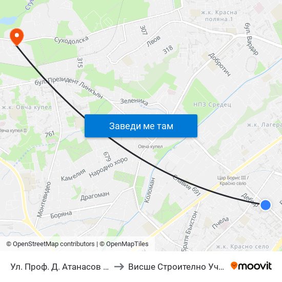 Ул. Проф. Д. Атанасов / Prof. D. Atanasov St. (2134) to Висше Строително Училище ""Любен Каравелов"" map