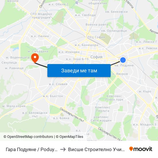 Гара Подуяне / Poduyane Train Station (0471) to Висше Строително Училище ""Любен Каравелов"" map