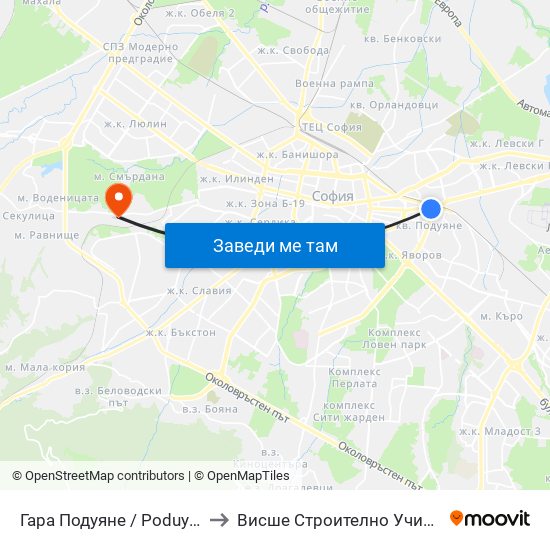Гара Подуяне / Poduyane Train Station (0466) to Висше Строително Училище ""Любен Каравелов"" map