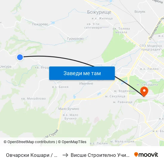 Овчарски Кошари / Ovcharski Koshari (1168) to Висше Строително Училище ""Любен Каравелов"" map