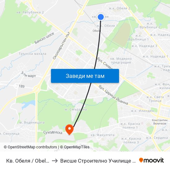 Кв. Обеля / Obelya Qr. (0874) to Висше Строително Училище ""Любен Каравелов"" map