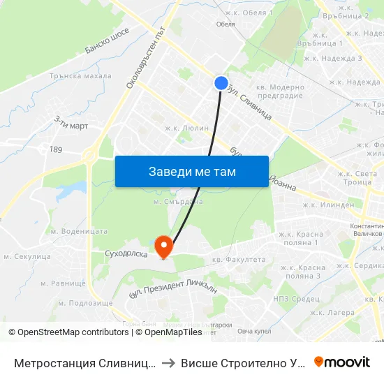 Ⓜ️ Метростанция Сливница / Slivnitsa Metro Station (1060) to Висше Строително Училище ""Любен Каравелов"" map