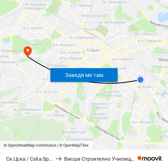 Ск Цска / Cska Sports Club (1155) to Висше Строително Училище ""Любен Каравелов"" map