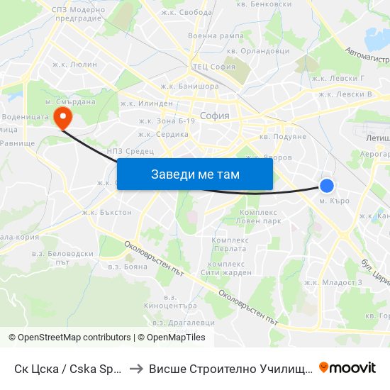 Ск Цска / Cska Sports Club (1153) to Висше Строително Училище ""Любен Каравелов"" map