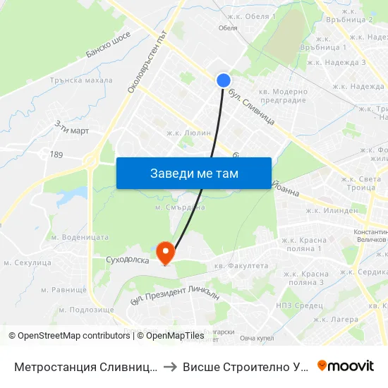 Ⓜ️ Метростанция Сливница / Slivnitsa Metro Station (1062) to Висше Строително Училище ""Любен Каравелов"" map