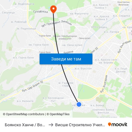 Боянско Ханче / Boyansko Hanche (0267) to Висше Строително Училище ""Любен Каравелов"" map