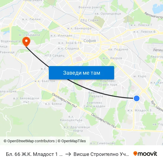 Бл. 66 Ж.К. Младост 1 / Bl. 66, Mladost 1 Qr (0245) to Висше Строително Училище ""Любен Каравелов"" map