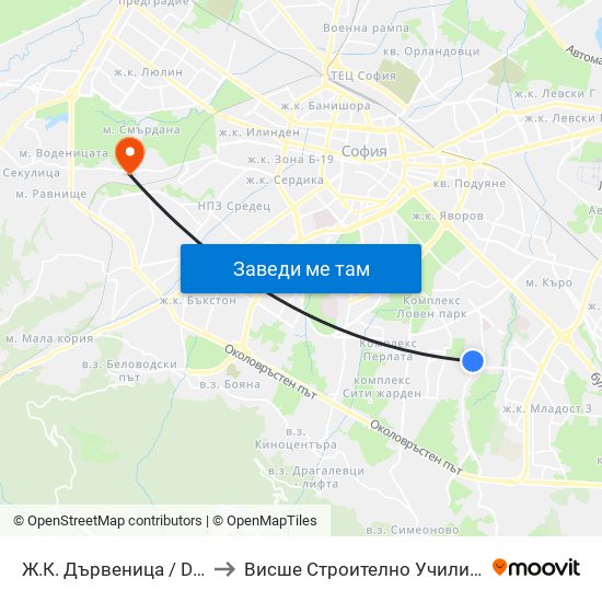Ж.К. Дървеница / Darvenitsa Qr. (0801) to Висше Строително Училище ""Любен Каравелов"" map