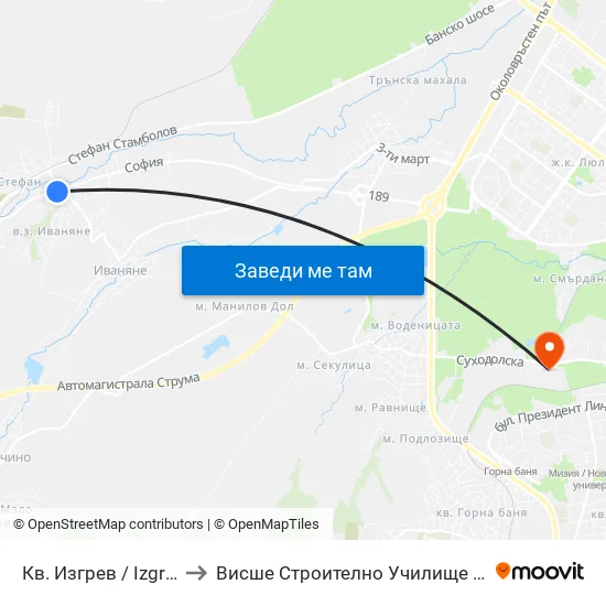 Кв. Изгрев / Izgrev Qr. (0843) to Висше Строително Училище ""Любен Каравелов"" map