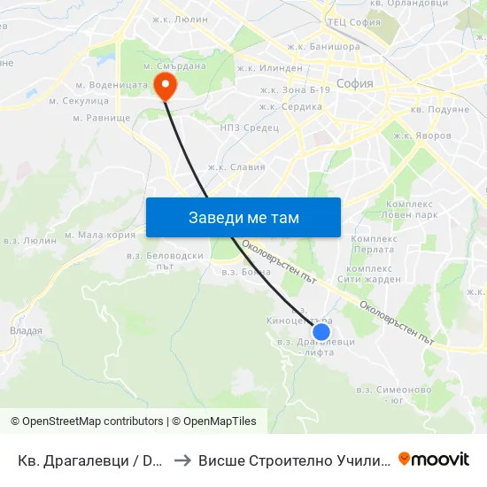 Кв. Драгалевци / Dragalevtsi Qr. (0834) to Висше Строително Училище ""Любен Каравелов"" map