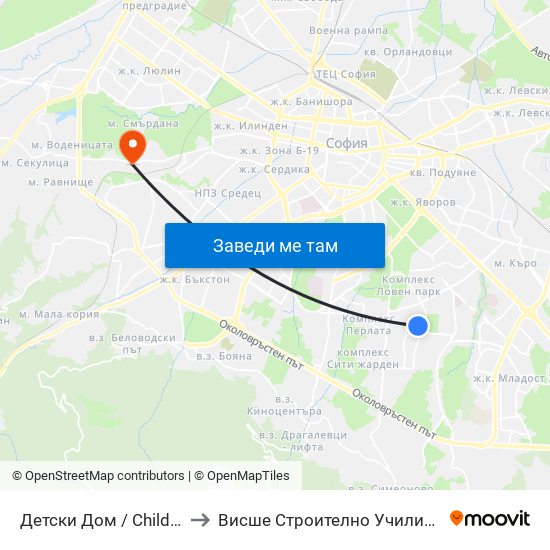 Детски Дом / Children's Home (0524) to Висше Строително Училище ""Любен Каравелов"" map