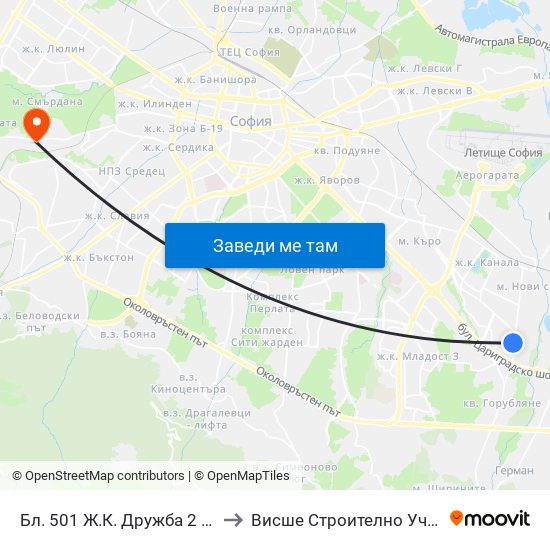 Бл. 501 Ж.К. Дружба 2 / Bl. 501, Druzhba 2 Qr. (0225) to Висше Строително Училище ""Любен Каравелов"" map