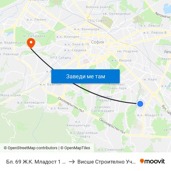 Бл. 69 Ж.К. Младост 1 / Bl. 69, Mladost 1 Qr. (0247) to Висше Строително Училище ""Любен Каравелов"" map