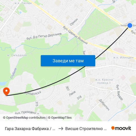 Гара Захарна Фабрика / Zaharna Fabrika Train Station (0452) to Висше Строително Училище ""Любен Каравелов"" map