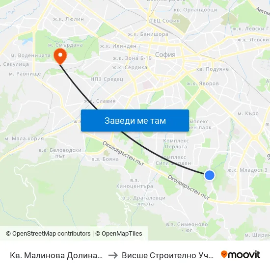 Кв. Малинова Долина / Malinova Dolina Qr. (0426) to Висше Строително Училище ""Любен Каравелов"" map