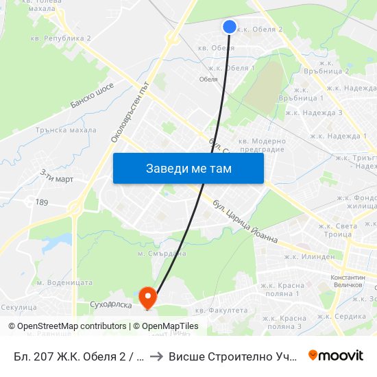 Бл. 207 Ж.К. Обеля 2 / Bl. 207, Obelya 2 Qr. (0162) to Висше Строително Училище ""Любен Каравелов"" map