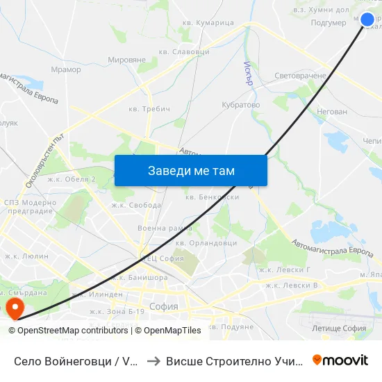 Село Войнеговци / Voynegovtsi Village (1516) to Висше Строително Училище ""Любен Каравелов"" map
