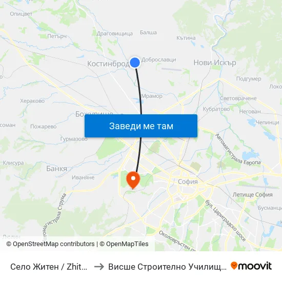 Село Житен / Zhiten Village (1534) to Висше Строително Училище ""Любен Каравелов"" map