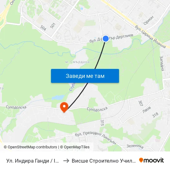 Ул. Индира Ганди / Indira Gandhi St. (1961) to Висше Строително Училище ""Любен Каравелов"" map