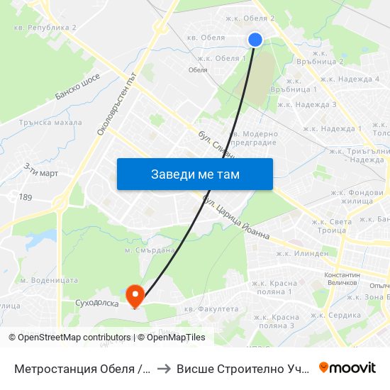 Метростанция Обеля / Obelya Metro Station (6240) to Висше Строително Училище ""Любен Каравелов"" map