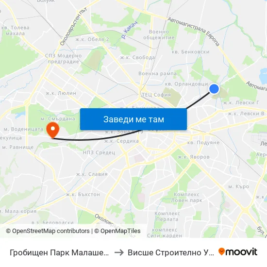 Гробищен Парк Малашевци / Malashevtsi Cemetery (1146) to Висше Строително Училище ""Любен Каравелов"" map