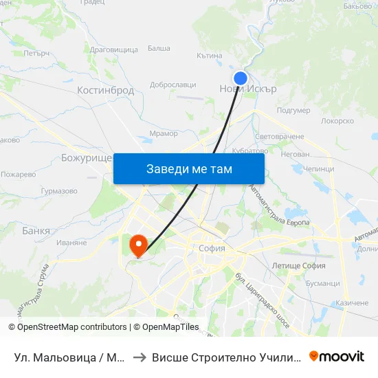 👋 Ул. Мальовица / Malyovitsa St. (2539) to Висше Строително Училище ""Любен Каравелов"" map