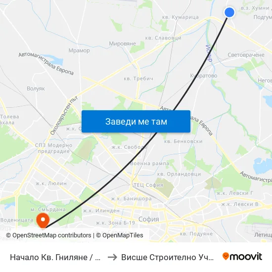 Начало Кв. Гниляне / Entry To Gnilyane Qr. (1124) to Висше Строително Училище ""Любен Каравелов"" map