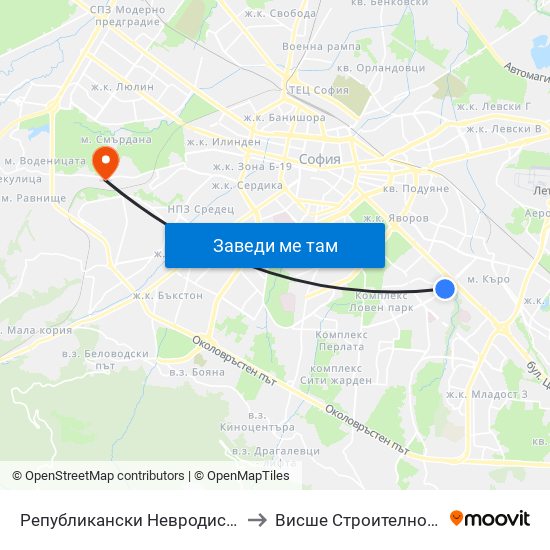 Републикански Невродиспансер / National Neurology Clinic (0492) to Висше Строително Училище ""Любен Каравелов"" map