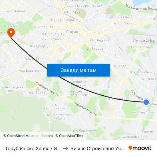 Горублянско Ханче / Gorublyansko Hanche (0498) to Висше Строително Училище ""Любен Каравелов"" map