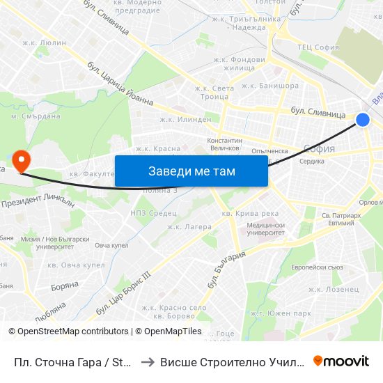 Пл. Сточна Гара / Stochna Gara Sq. (1319) to Висше Строително Училище ""Любен Каравелов"" map