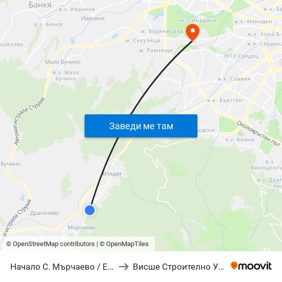 Начало С. Мърчаево / Entry To Marchaevo Village (1130) to Висше Строително Училище ""Любен Каравелов"" map