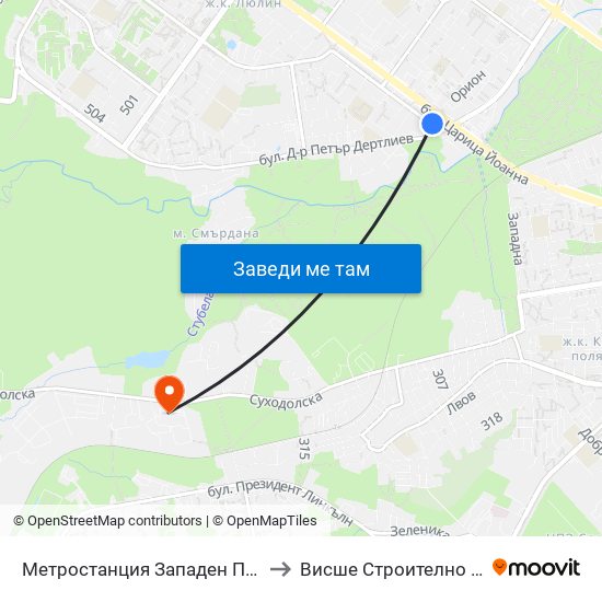 Метростанция Западен Парк / Zapaden Park Metro Station (1049) to Висше Строително Училище ""Любен Каравелов"" map