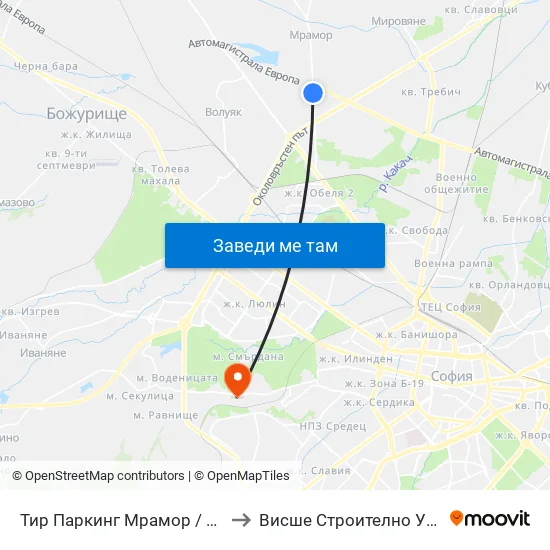 Тир Паркинг Мрамор / Tir Parking Mramor Village (2691) to Висше Строително Училище ""Любен Каравелов"" map