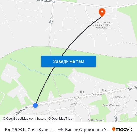 Бл. 25 Ж.К. Овча Купел 1 / Bl. 25, Ovcha Kupel 1 Qr. (0174) to Висше Строително Училище ""Любен Каравелов"" map