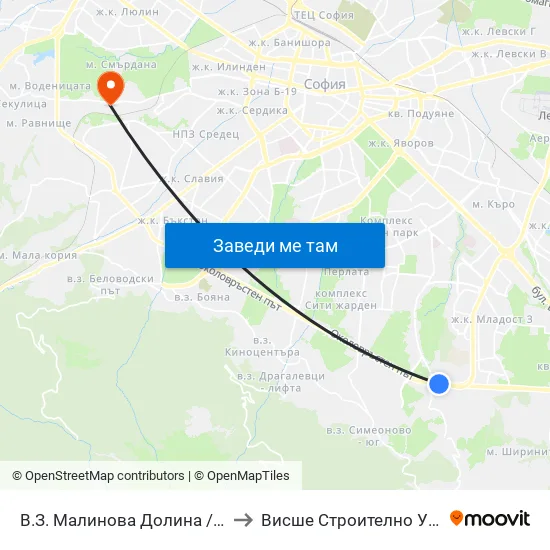 В.З. Малинова Долина / Malinova Dolina Villa Zone (1374) to Висше Строително Училище ""Любен Каравелов"" map