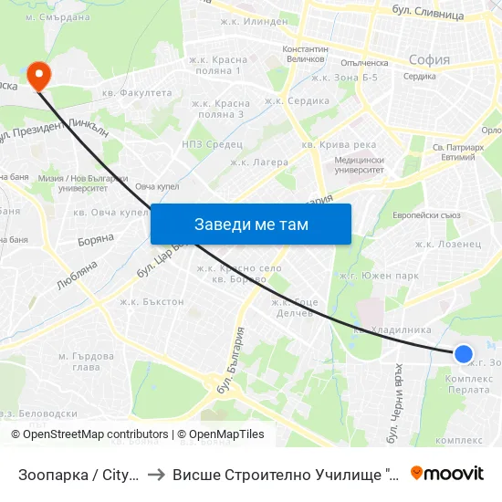 🐘 Зоопарка / City Zoo (0749) to Висше Строително Училище ""Любен Каравелов"" map