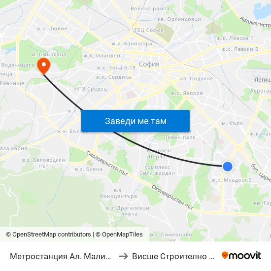 Метростанция Ал. Малинов / Al. Malinov Metro Station (0170) to Висше Строително Училище ""Любен Каравелов"" map
