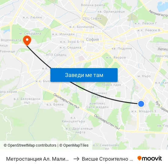 Ⓜ️ Метростанция Ал. Малинов / Al. Malinov Metro Station (2742) to Висше Строително Училище ""Любен Каравелов"" map