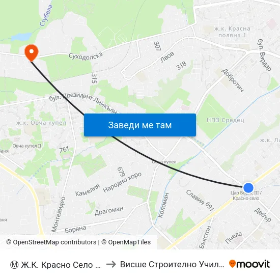 Ⓜ️ Ж.К. Красно Село / Krasno Selo Qr. (0639) to Висше Строително Училище ""Любен Каравелов"" map