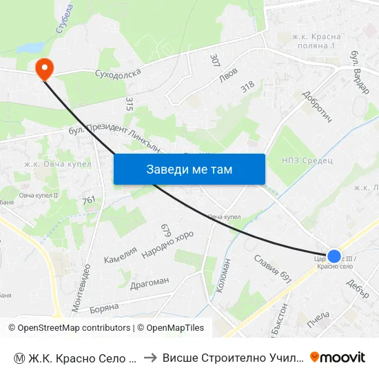 Ⓜ️ Ж.К. Красно Село / Krasno Selo Qr. (0640) to Висше Строително Училище ""Любен Каравелов"" map