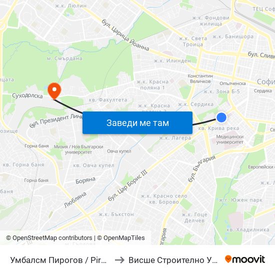 Умбалсм Пирогов / Pirogov Emergency Hospital (0759) to Висше Строително Училище ""Любен Каравелов"" map